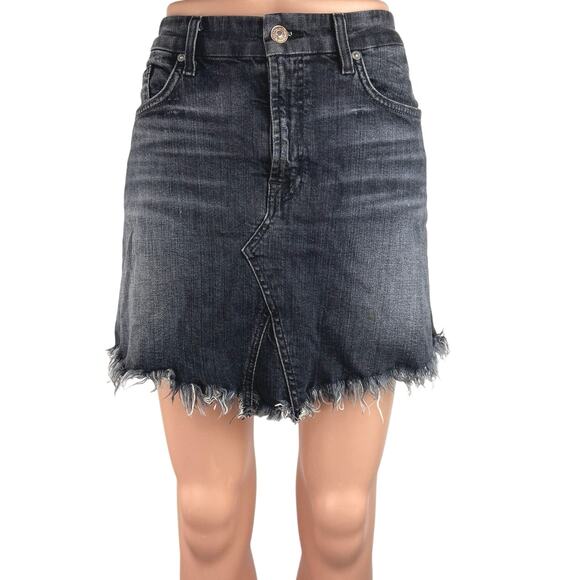 7 For All Mankind Black Washed High Waisted Frayed Hem Denim Jean Skirt Size 28 - Picture 1 of 4